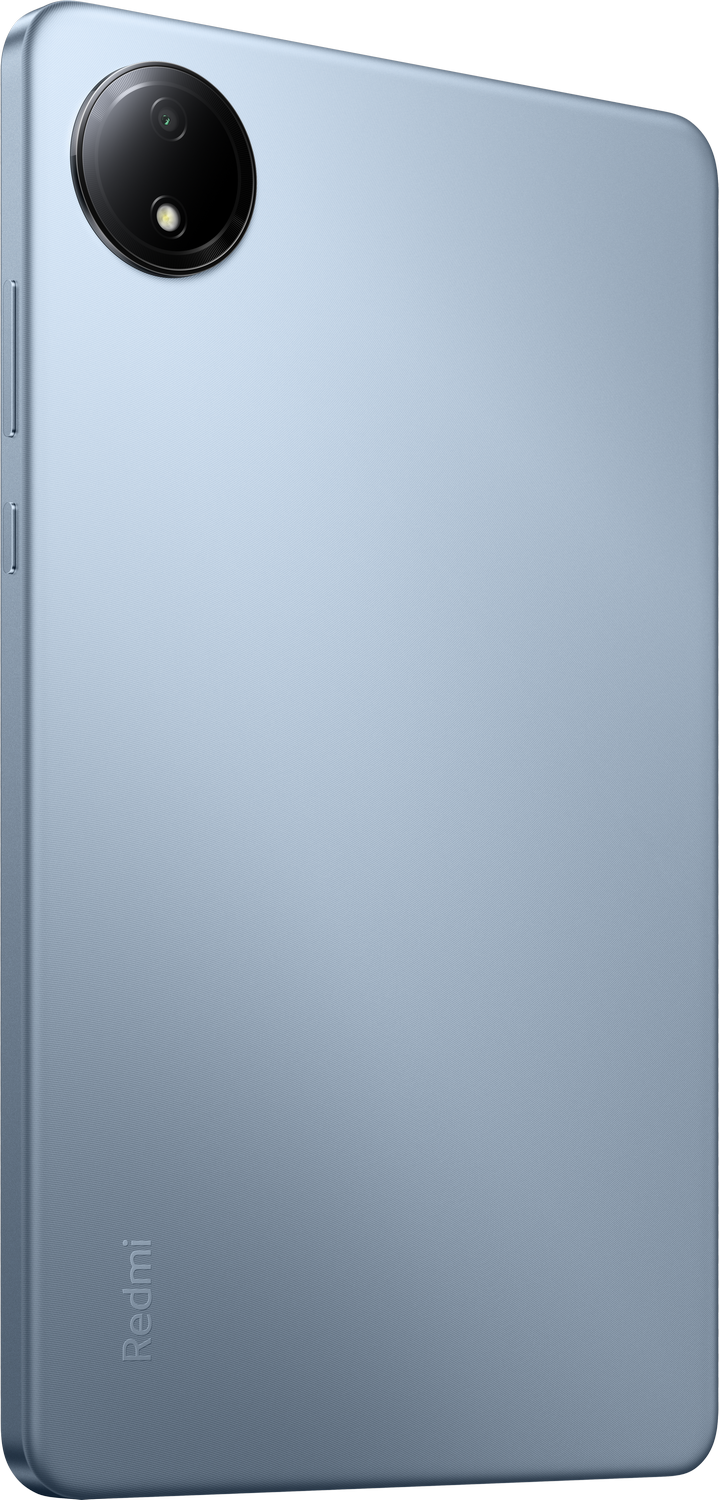 Un smartphone azul claro con un módulo de cámara redondo en la parte superior izquierda trasera.