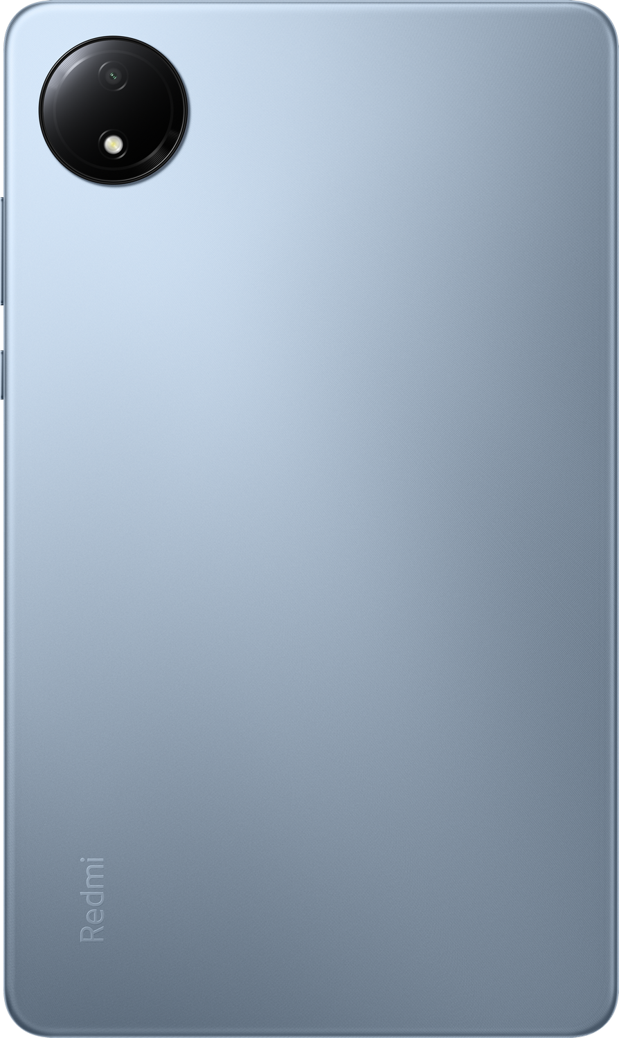 Reverso de smartphone azul claro con módulo de cámara redondo arriba a la izquierda. Logo Redmi abajo.