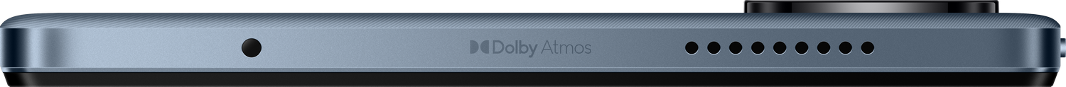 Marco azul de teléfono con micrófono, logo Dolby Atmos y orificios de altavoz.