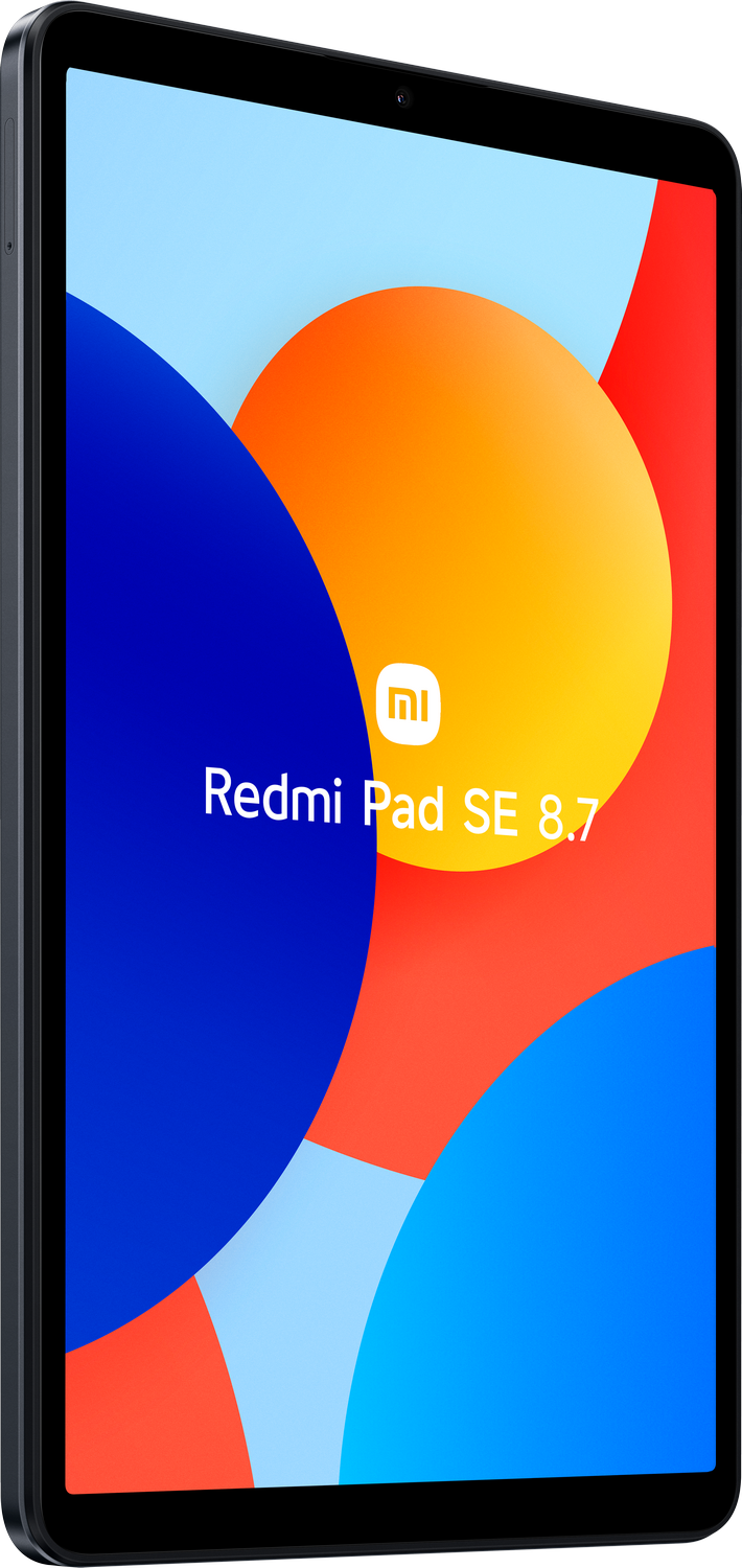Una tableta con el logo de Redmi y texto sobre un fondo colorido.