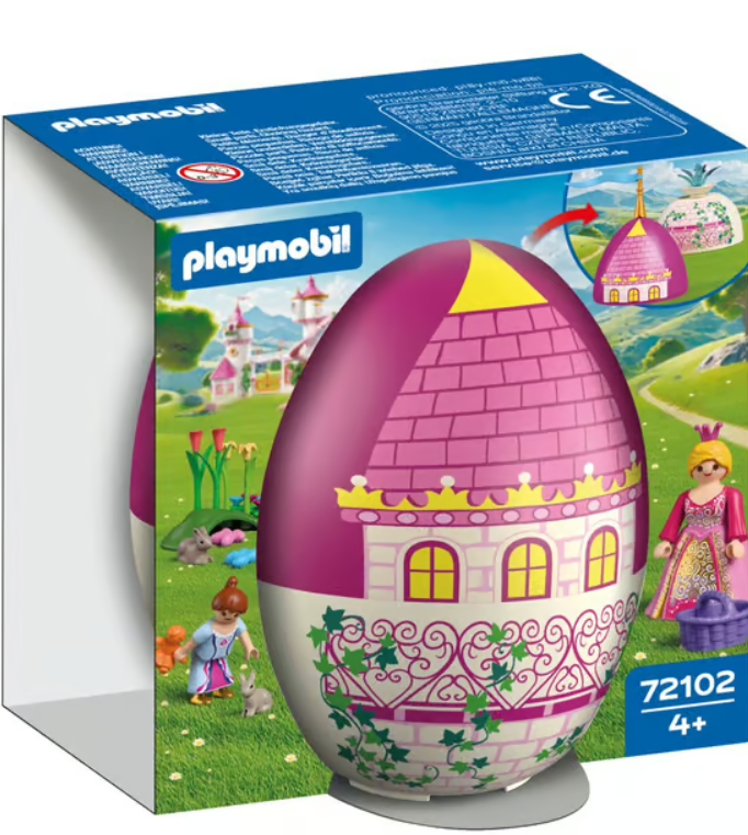 Playmobil Osterei mit Prinzessin, Hasen und Schloss auf grünem Feld.