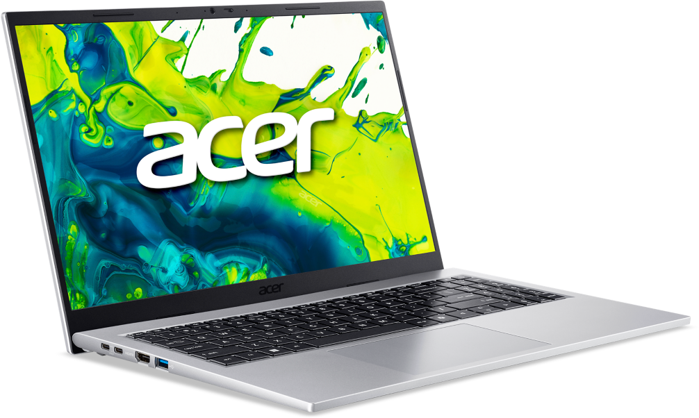 Ezüst Acer laptop színes absztrakt háttérképpel a képernyőn.