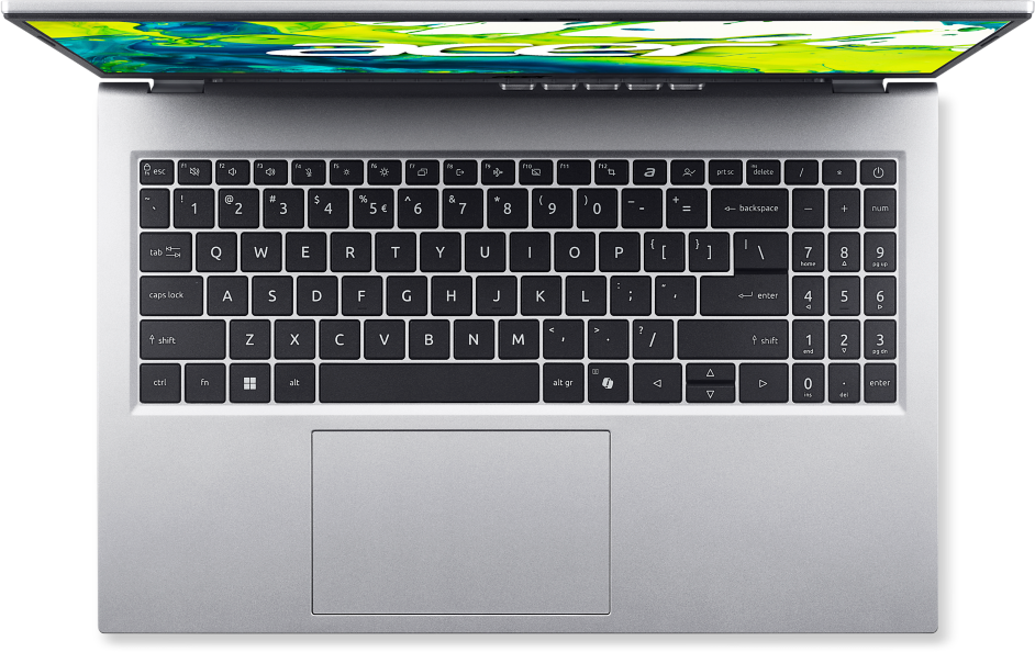 Egy nyitott, ezüst laptop háttérvilágítású billentyűzettel és érintőpaddal.