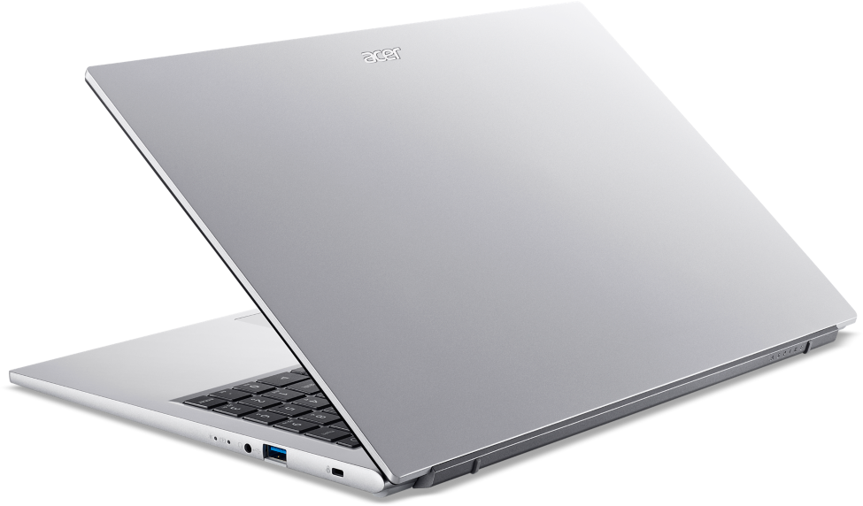 Egy ezüst Acer laptop nyitva, billentyűzet és portok láthatók.
