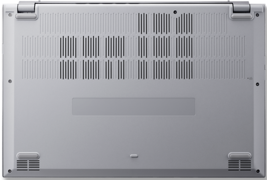 Ezüst laptop alsó része, szellőzőkkel és csavarokkal.