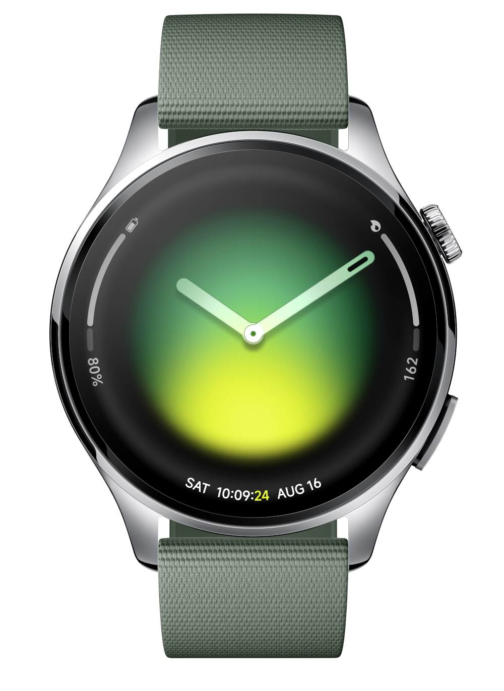 Zielony smartwatch ze srebrną kopertą i paskiem. Pokazuje 80% baterii.