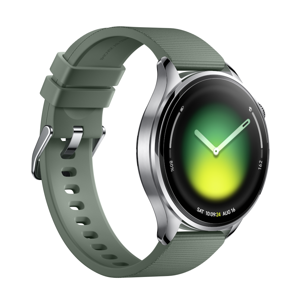 Zielony smartwatch z srebrną ramką i żywą zielono-żółtą tarczą.