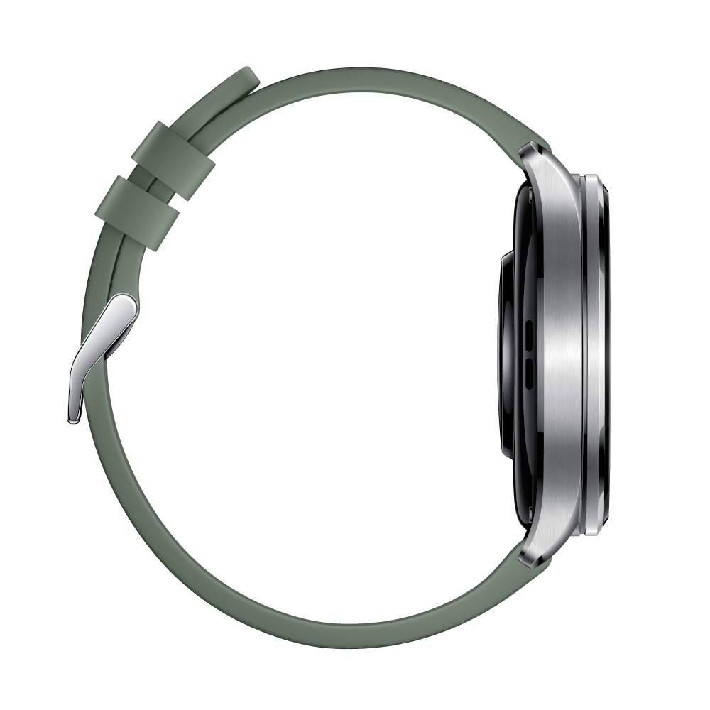 Zielony pasek smartwatch ze srebrną klamrą, widok z boku.