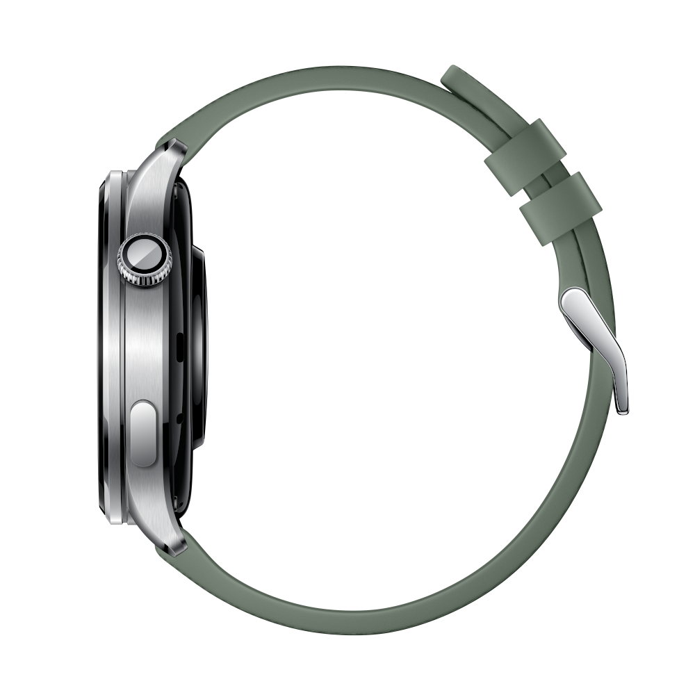 Srebrny smartwatch z zielonym paskiem i srebrną klamrą, widziany z boku.