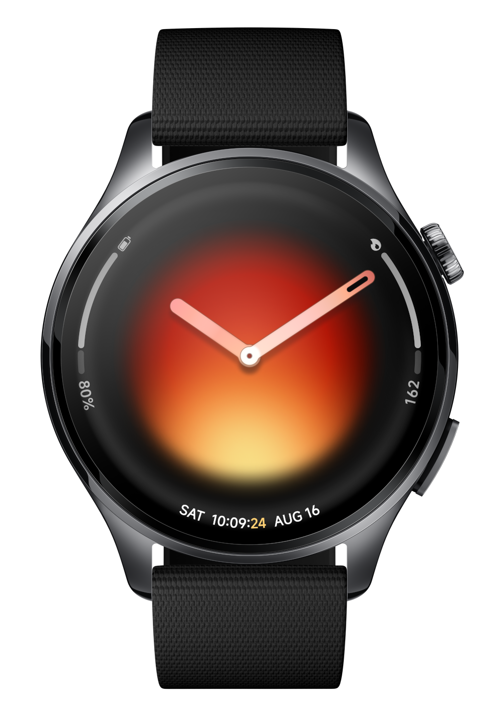 Szary smartwatch z czarnym paskiem i tarczą z gradientem.
