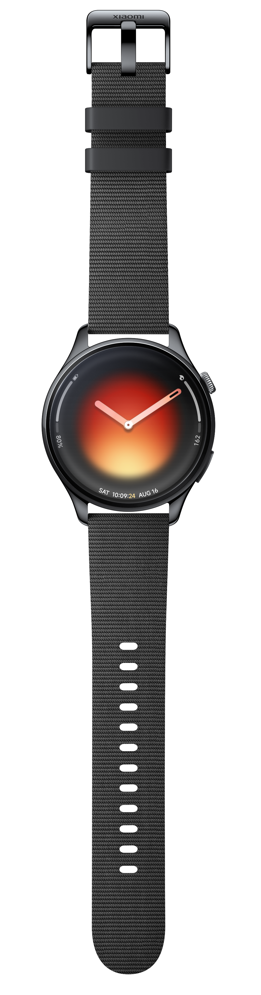 Czarny smartwatch z tarczą gradientową i szarym paskiem.