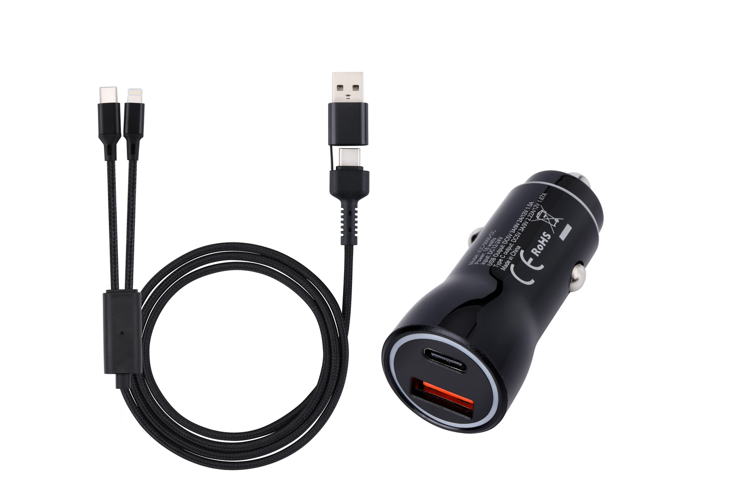 Cargador de coche negro con puertos USB-A y USB-C y un cable trenzado.
