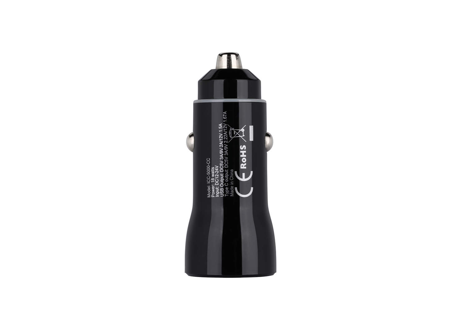 Adaptador de cargador de coche negro con marcas CE y RoHS.