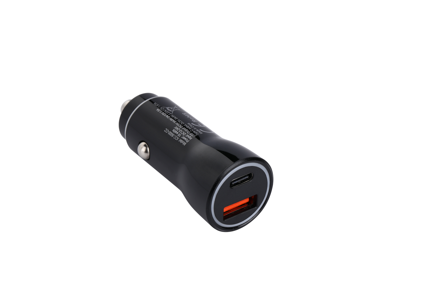 Cargador de coche negro con un puerto USB-A y un puerto USB-C.