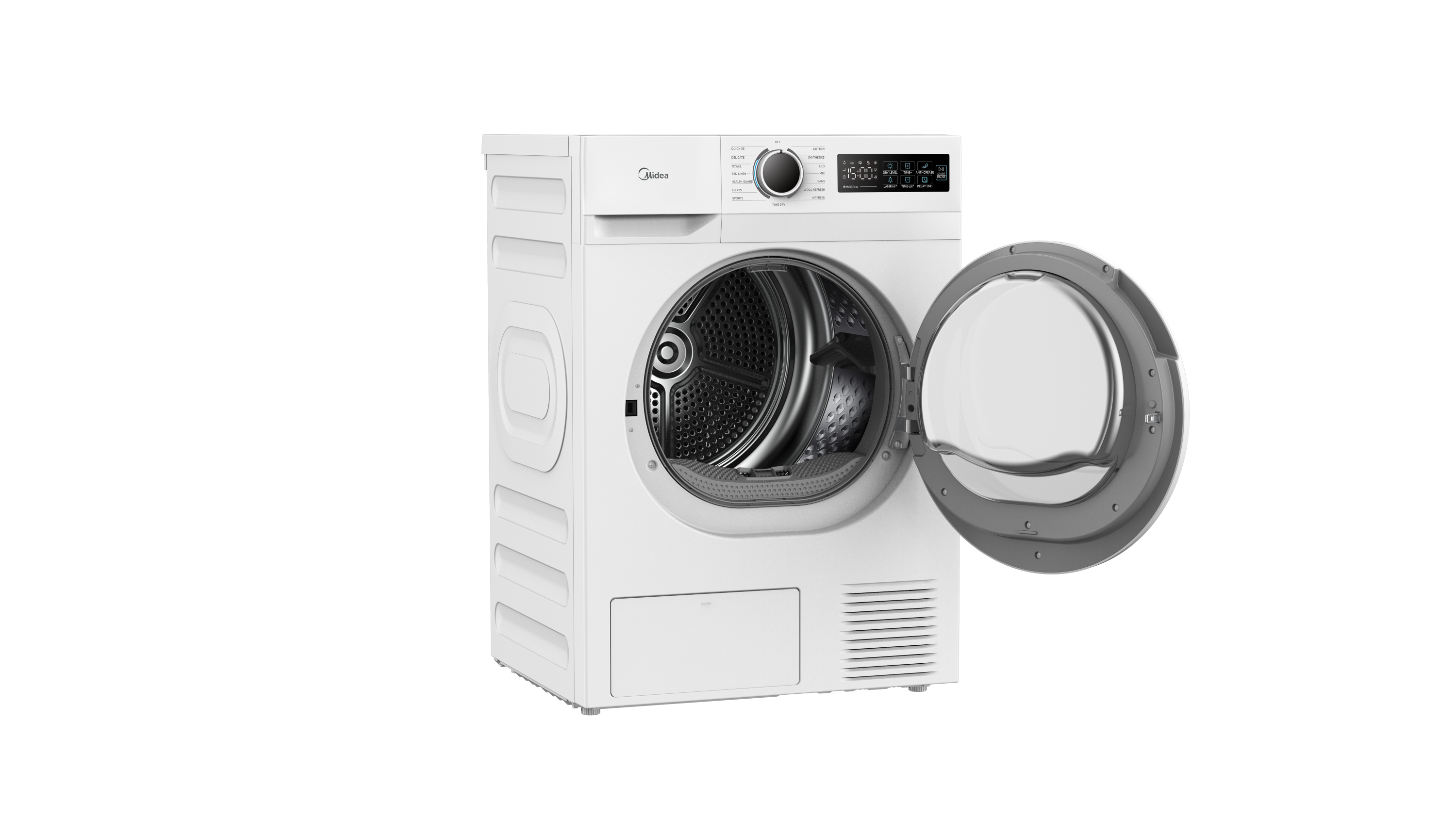 Una secadora de ropa Midea blanca con la puerta abierta y panel de control.