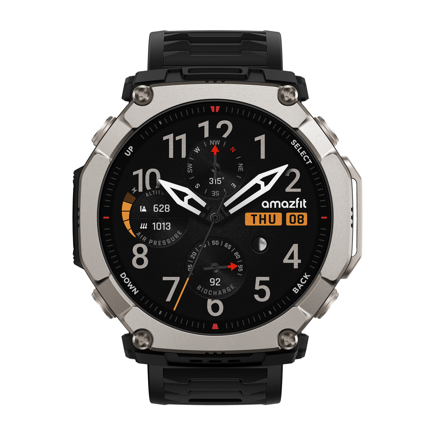 Primer plano de un reloj inteligente negro y plateado con esfera oscura y detalles naranjas.