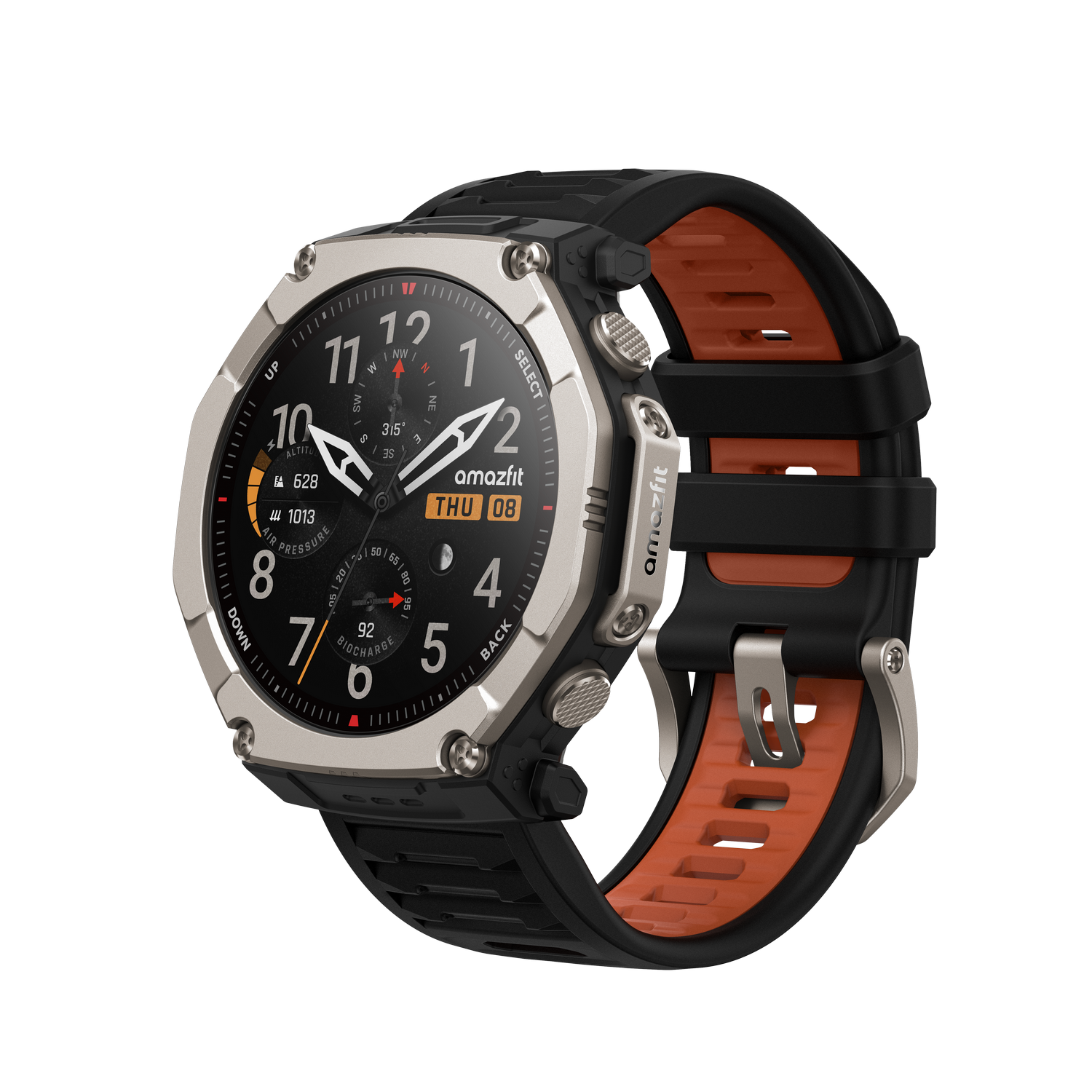 Un reloj inteligente negro con bisel plateado, correa interior naranja y correa exterior negra.