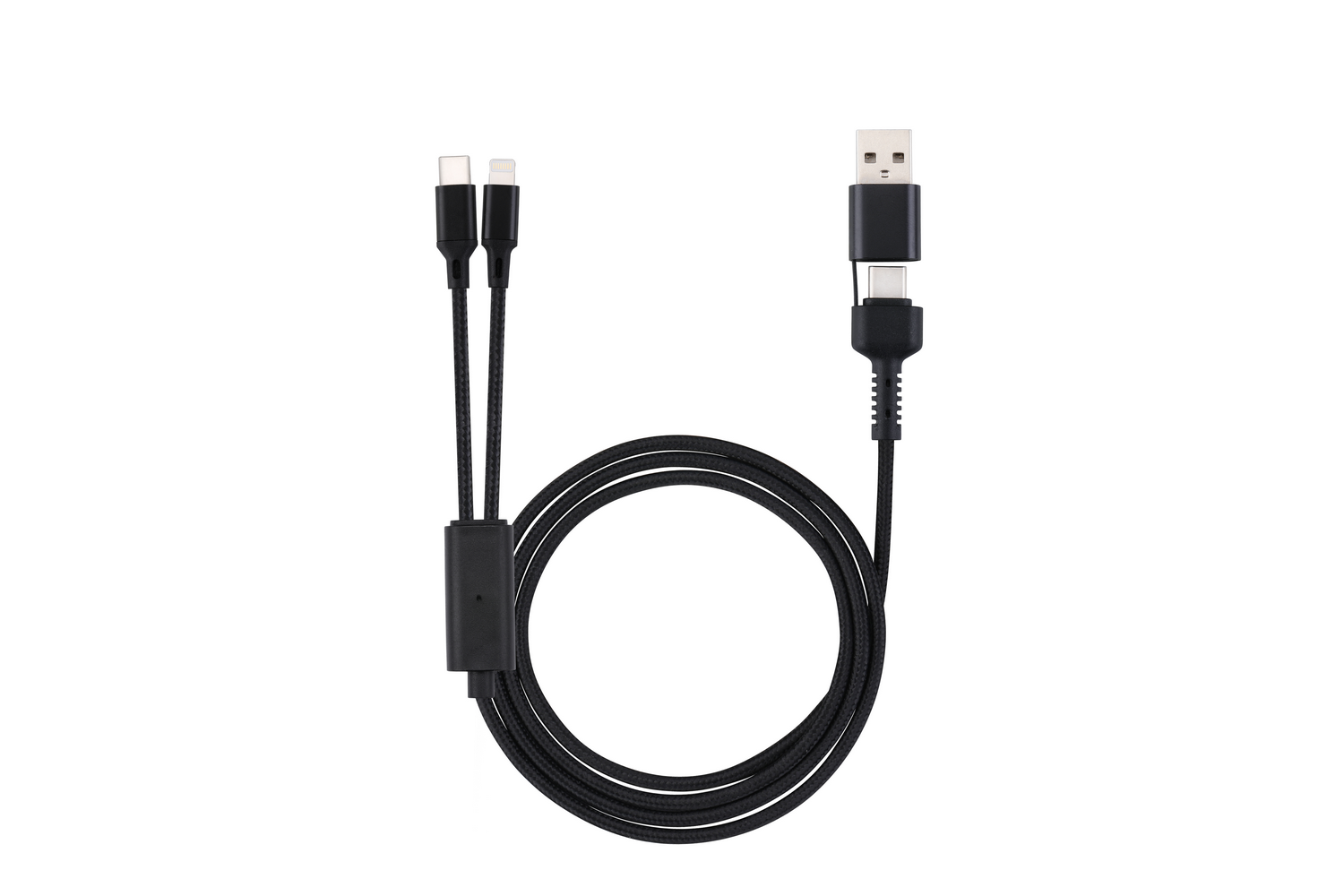 Un cable de carga negro con conectores USB, USB-C y Lightning.