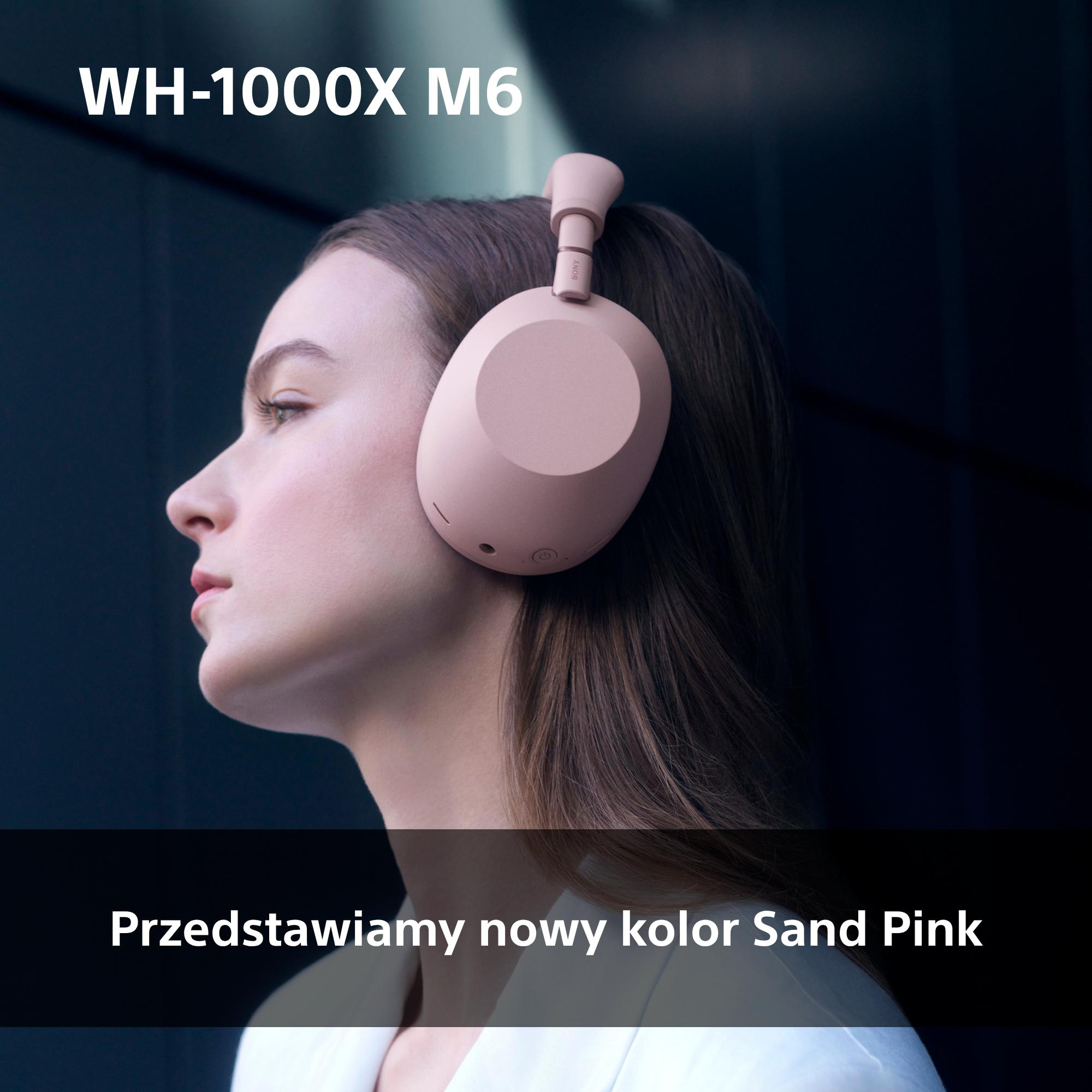 Kobieta nosi różowe słuchawki. Tekst: 'WH-1000X M6'.