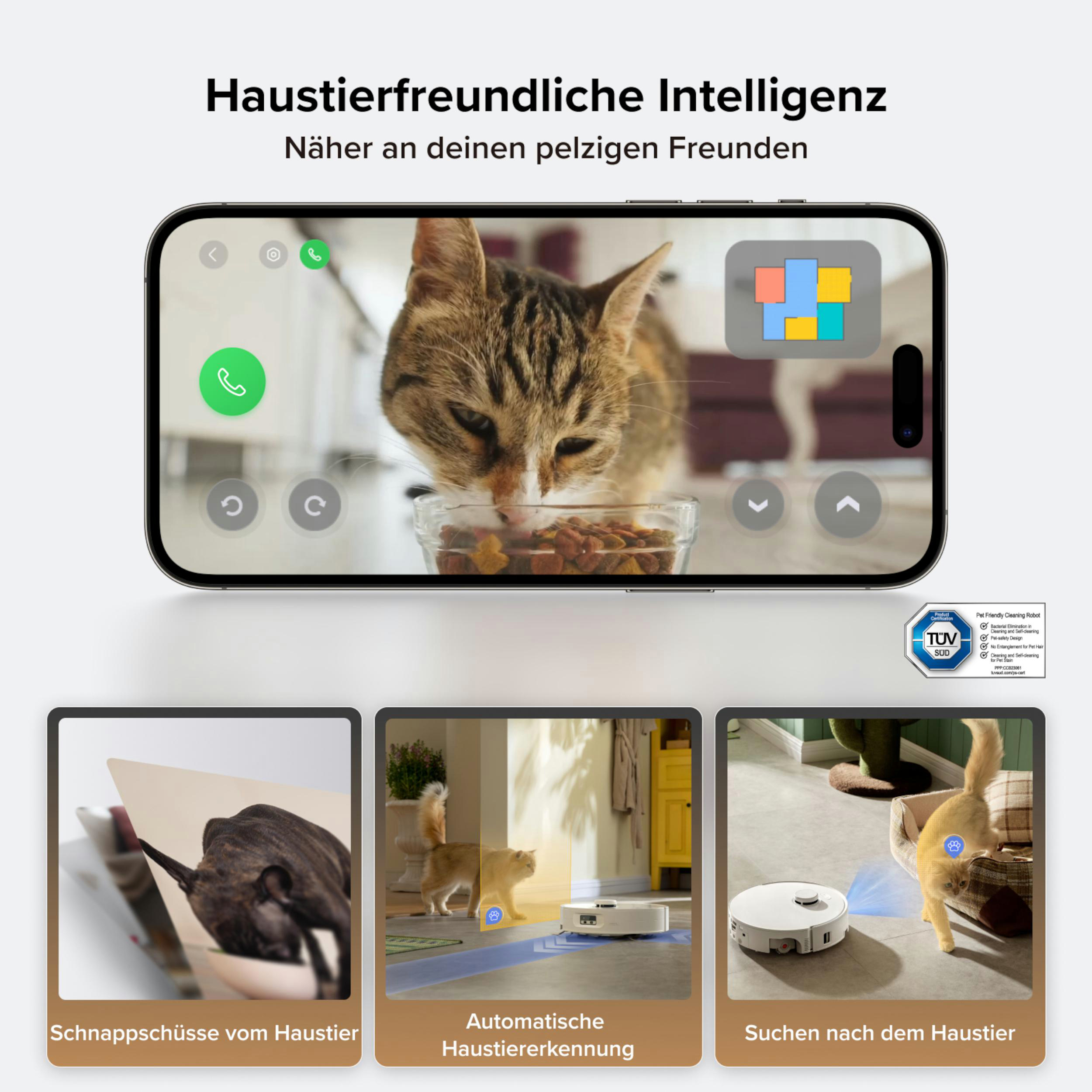 Katze frisst aus Schüssel, Roboter reinigt Boden. Bild zeigt KI-Funktionen.
