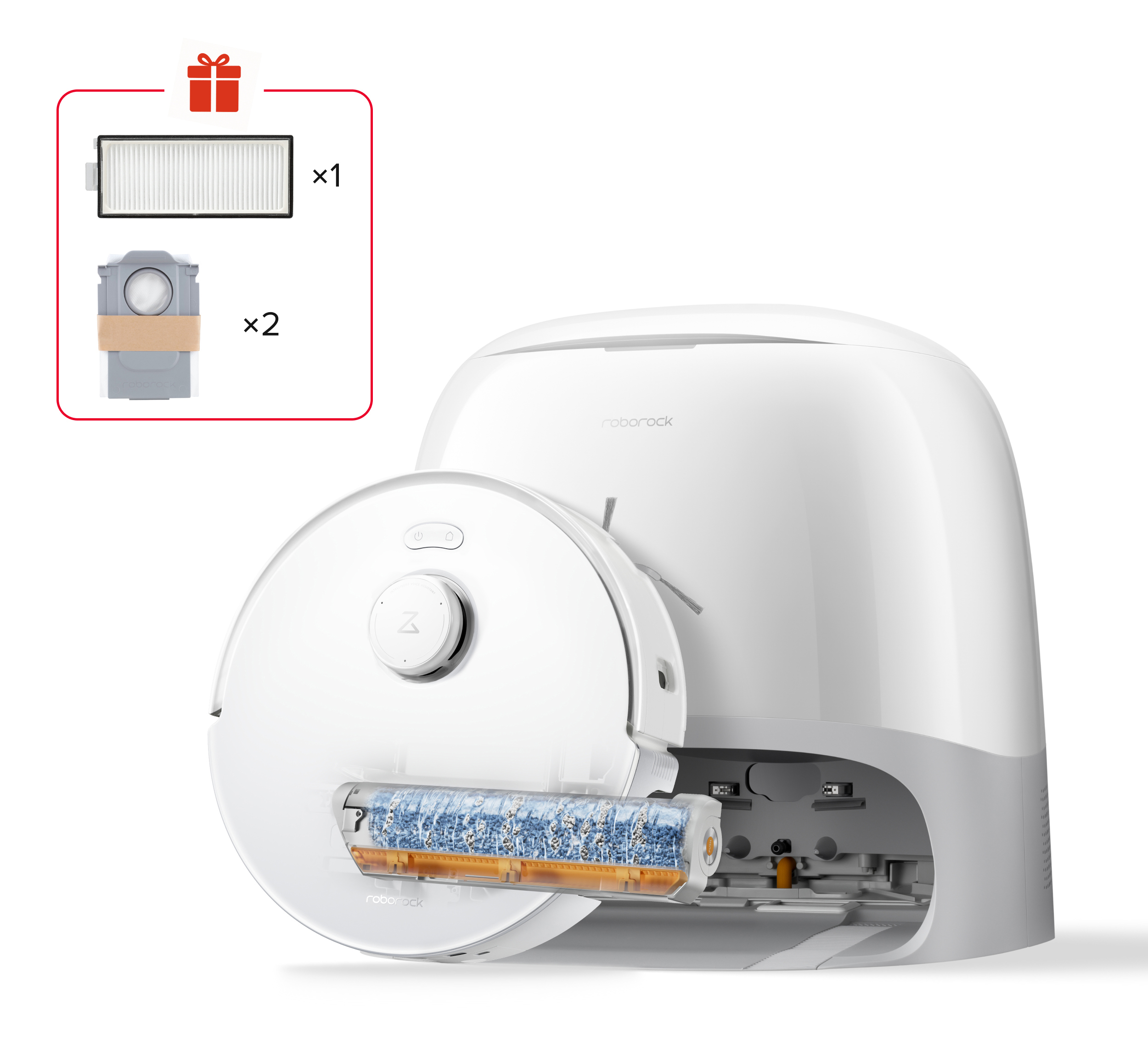 Ein weißer Saugroboter mit einer Dockingstation, Ersatzteilen und Bürsten. Detailaufnahme.