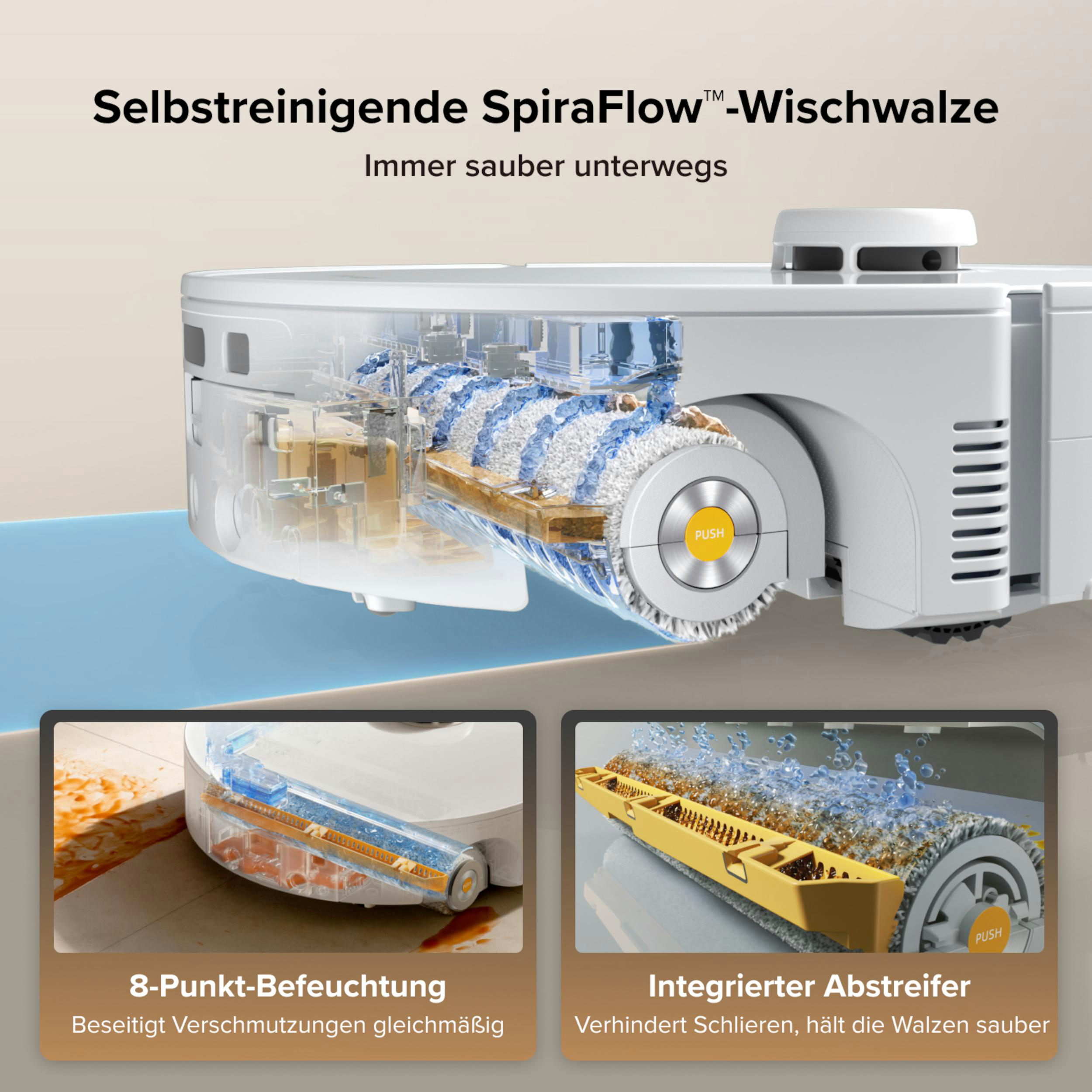 Selbstreinigende Wischwalze mit SpiraFlow-Technologie und Detailansichten.