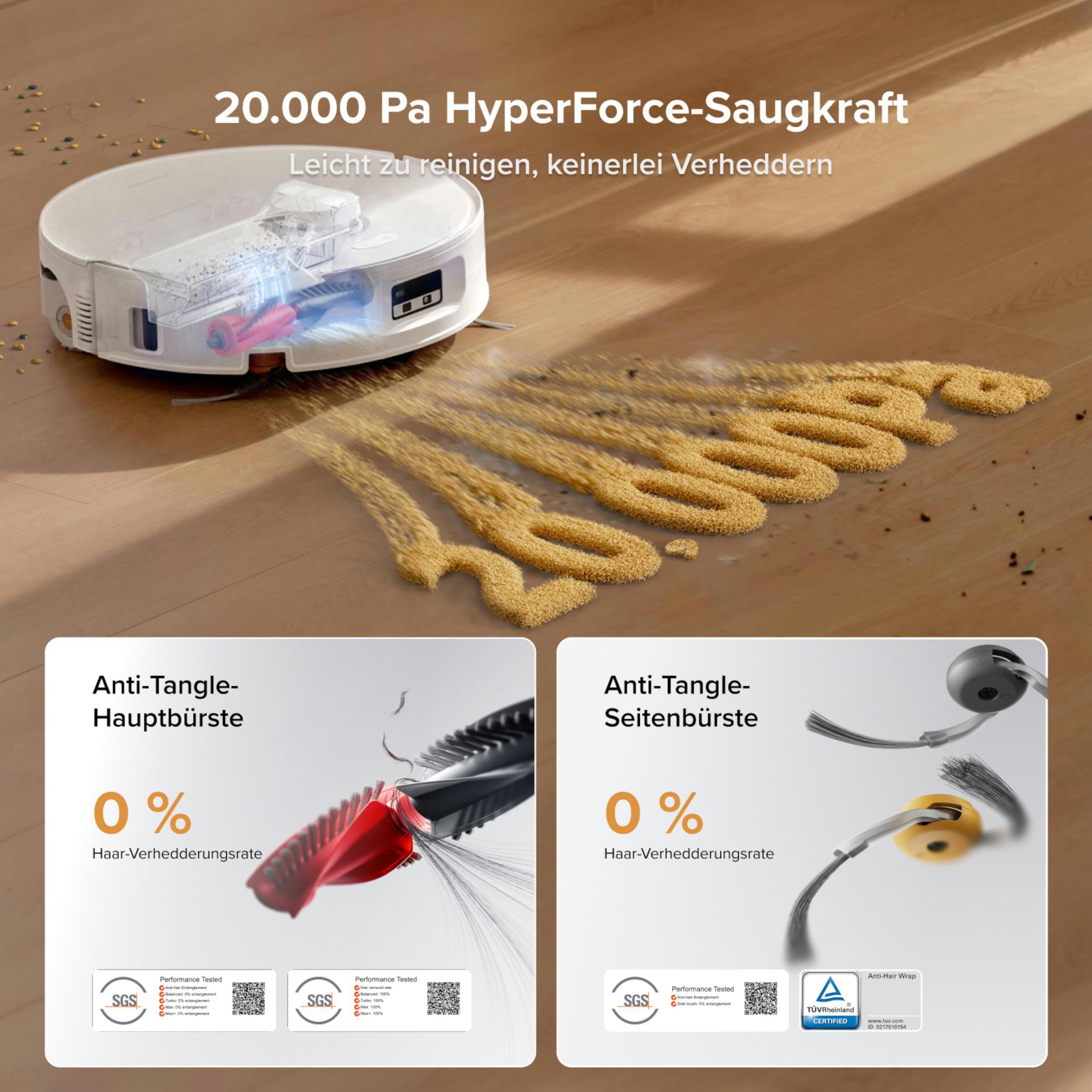 Saugroboter reinigt den Boden. Haupt- und Seitenbürsten mit 0% Haarverwicklung.