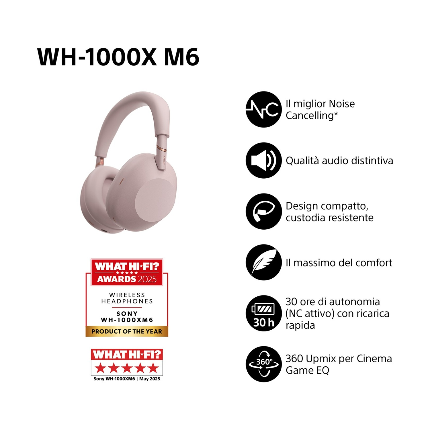 Cuffie Sony WH-1000XM6 rosa, con premi e caratteristiche.