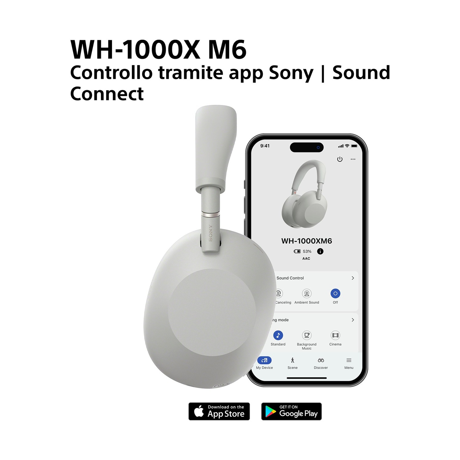 Cuffie Sony WH-1000XM6 bianche accanto a uno smartphone con l'app Sony Sound Connect.