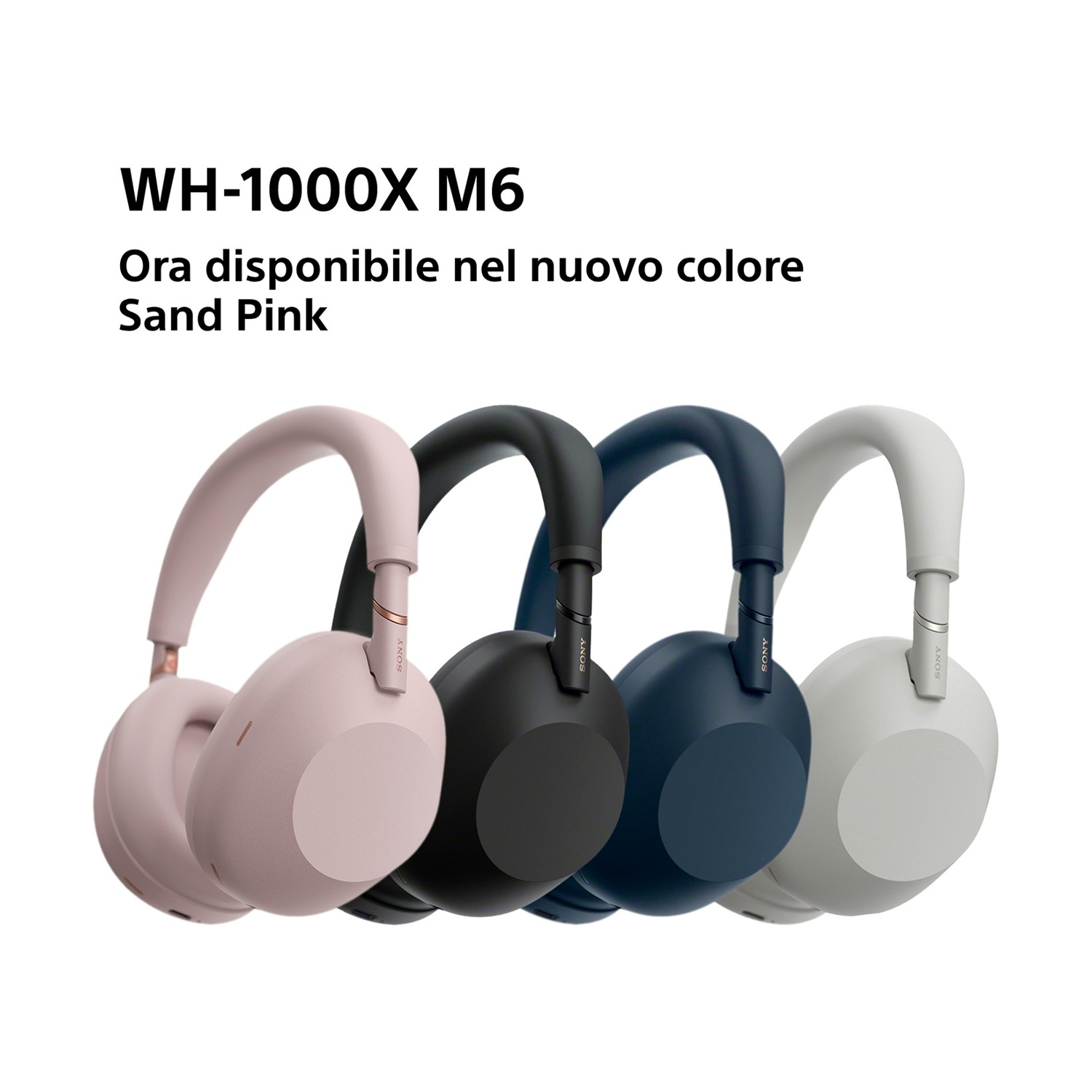 Quattro cuffie Sony WH-1000XM6 in rosa, nero, blu scuro e bianco.