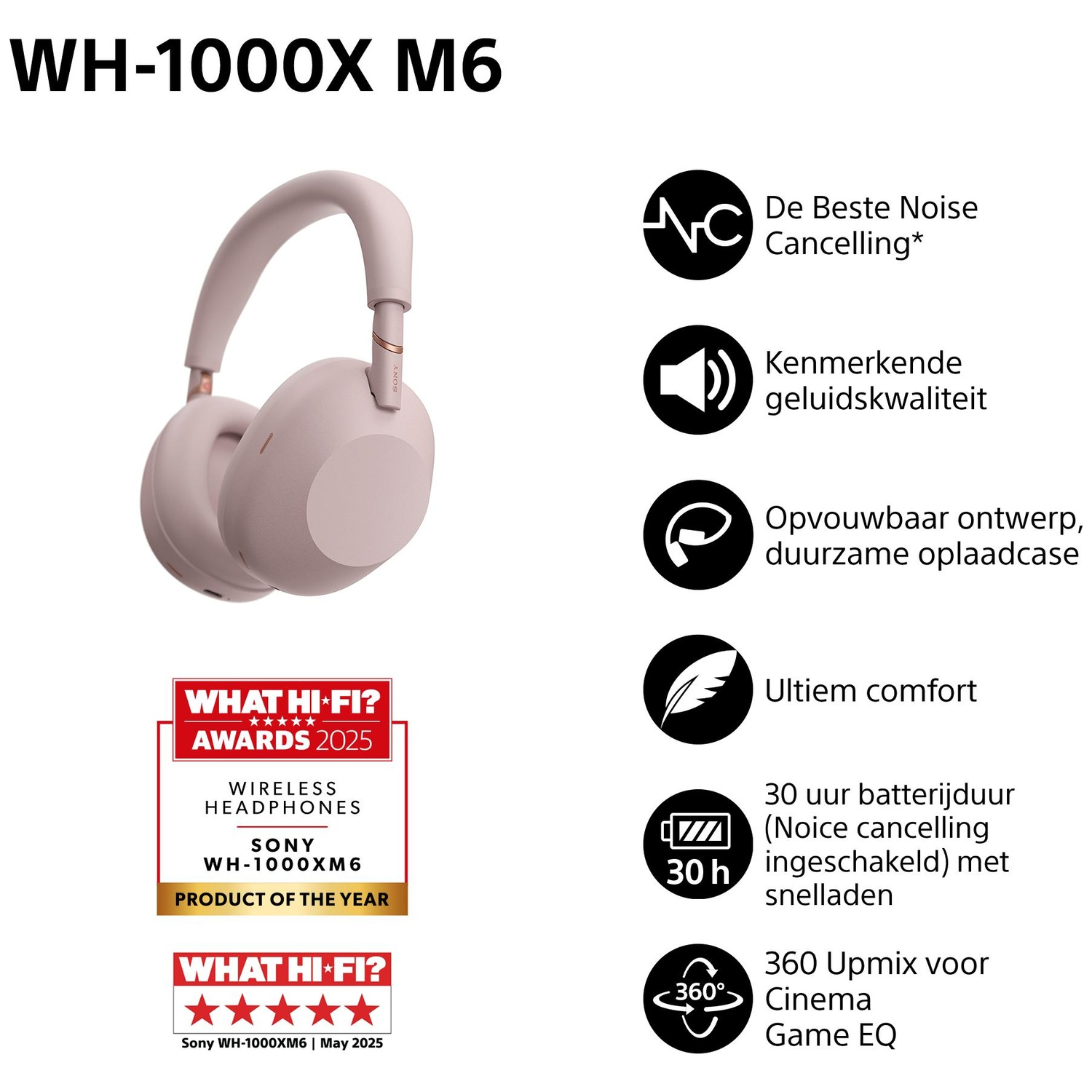 Sony WH-1000XM6 koptelefoon in roze, met prijzen, ruisonderdrukking en 30u batterij.