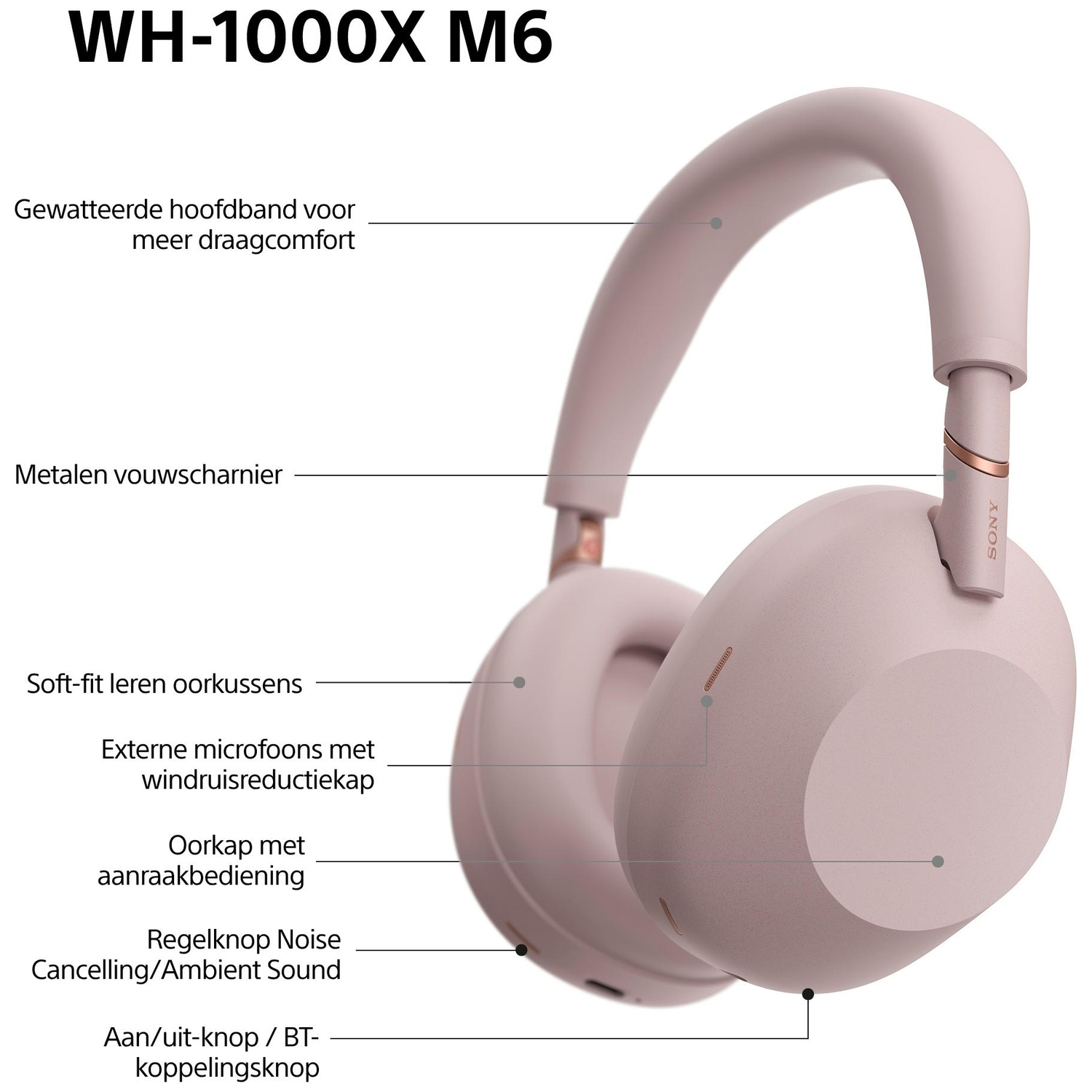 Een roze Sony WH-1000XM6 koptelefoon met labels die de functies aanwijzen.