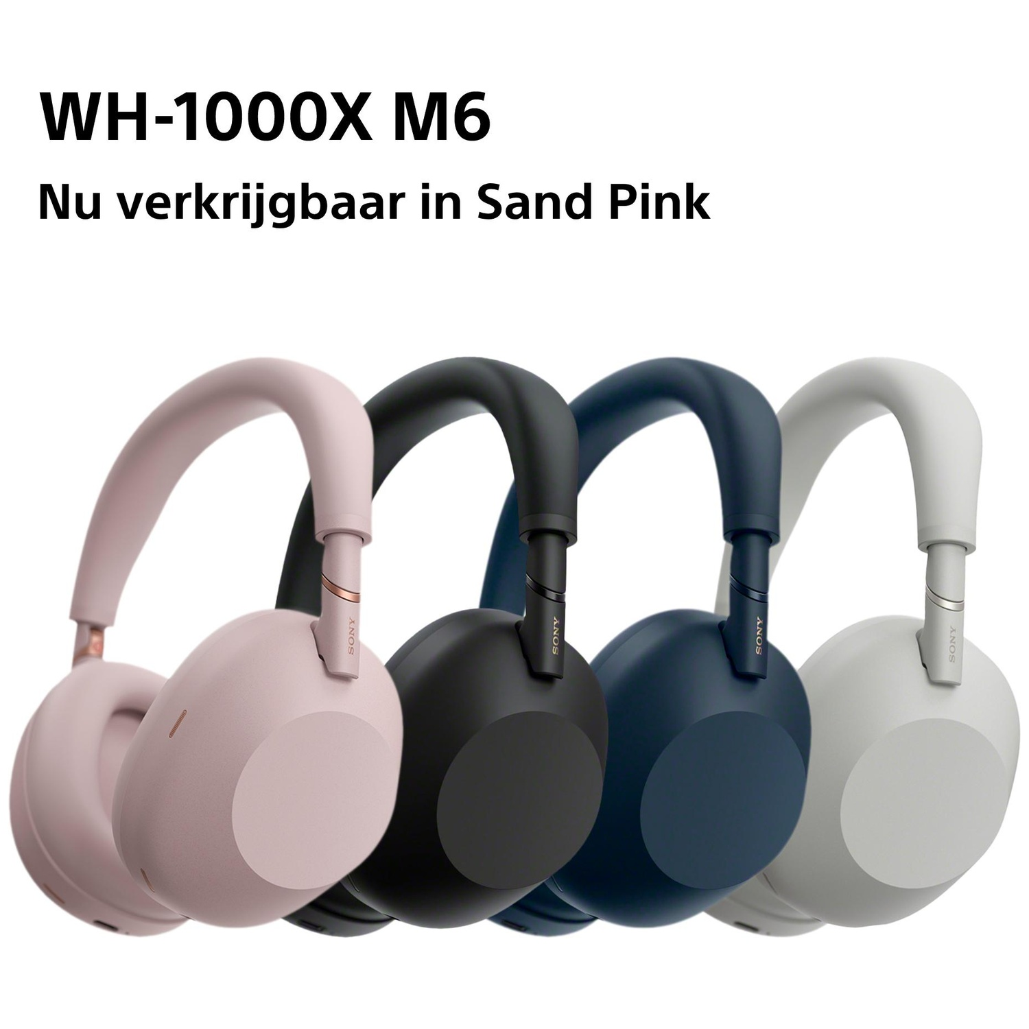 Vier Sony WH-1000XM6 koptelefoons in zandroze, zwart, donkerblauw en wit.