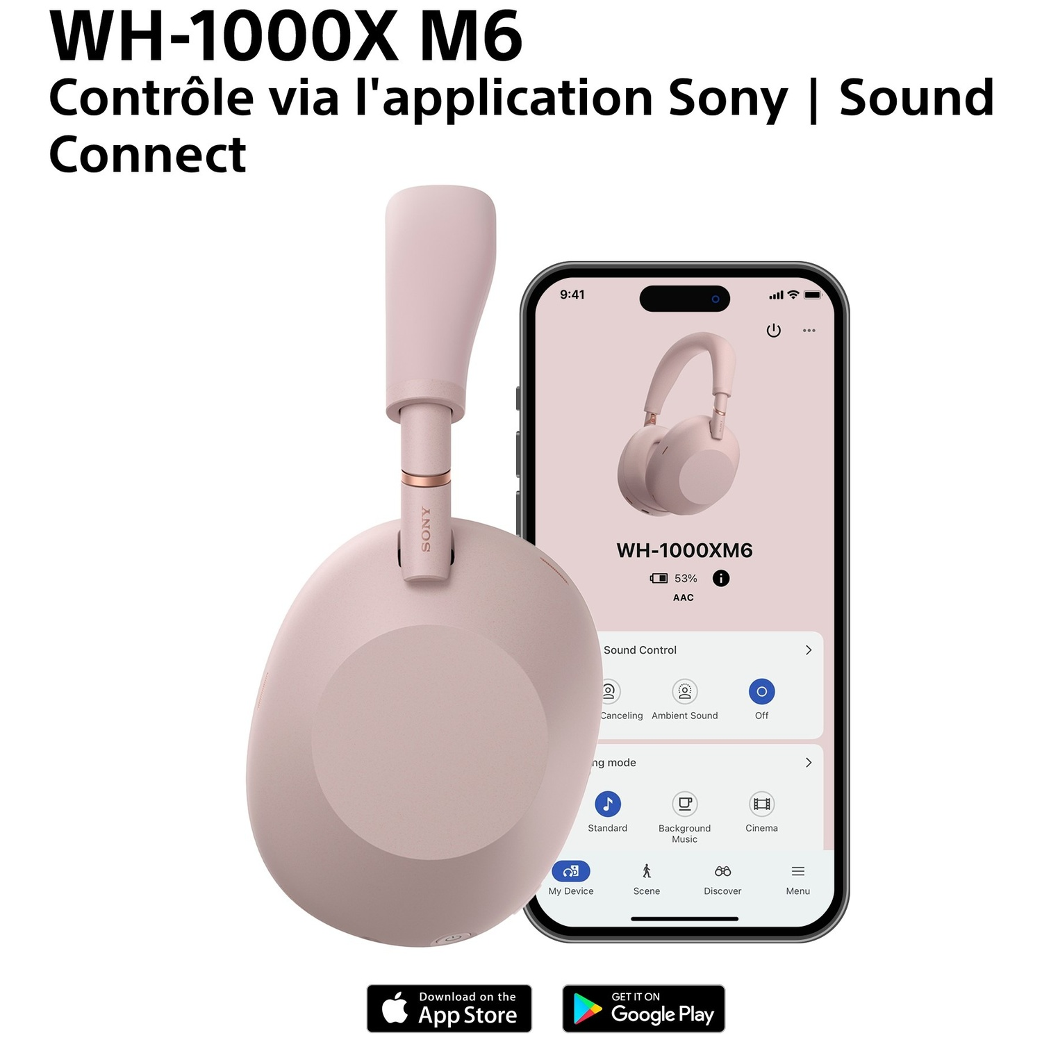 Een roze Sony WH-1000XM6 koptelefoon en een smartphone-app.