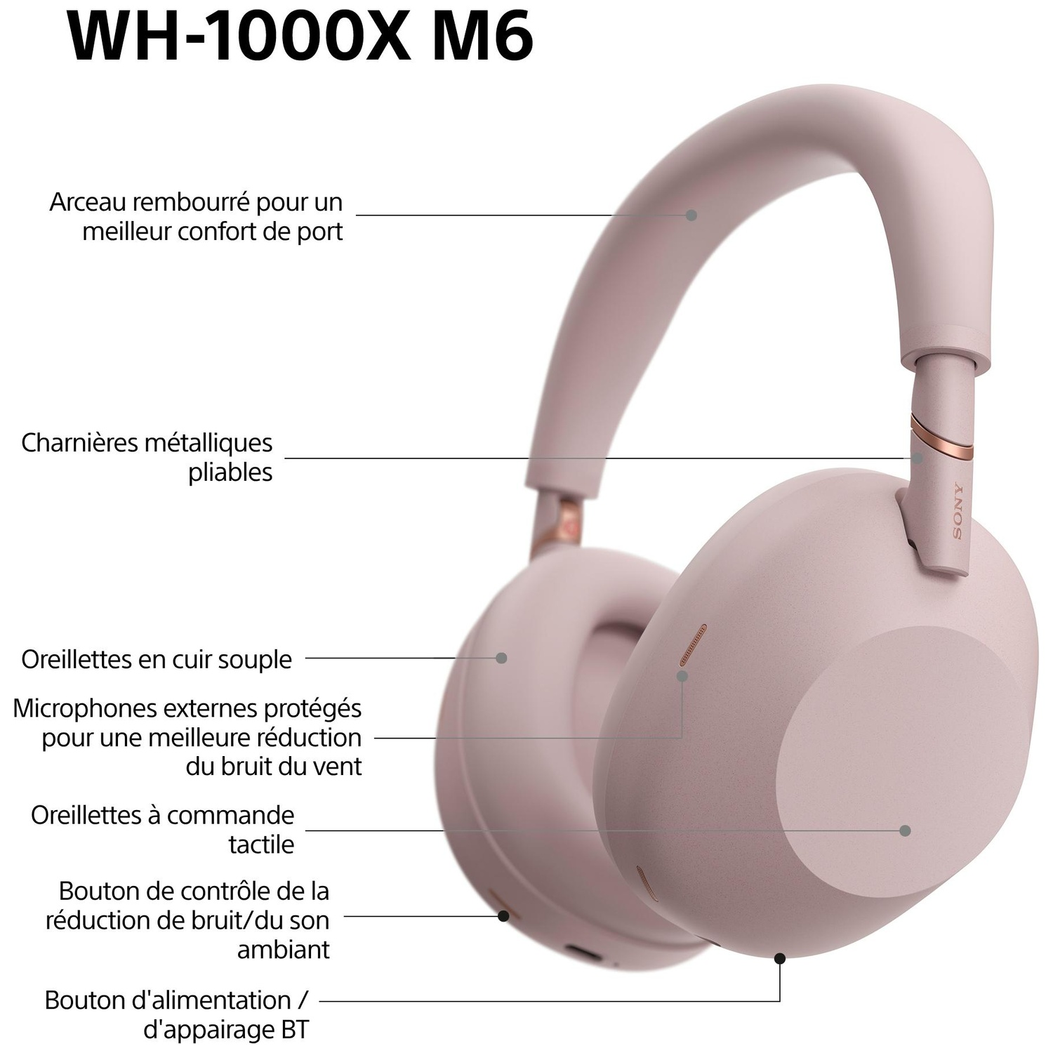 Roze Sony WH-1000XM6 koptelefoon met gewatteerde hoofdband en inklapbare scharnieren.