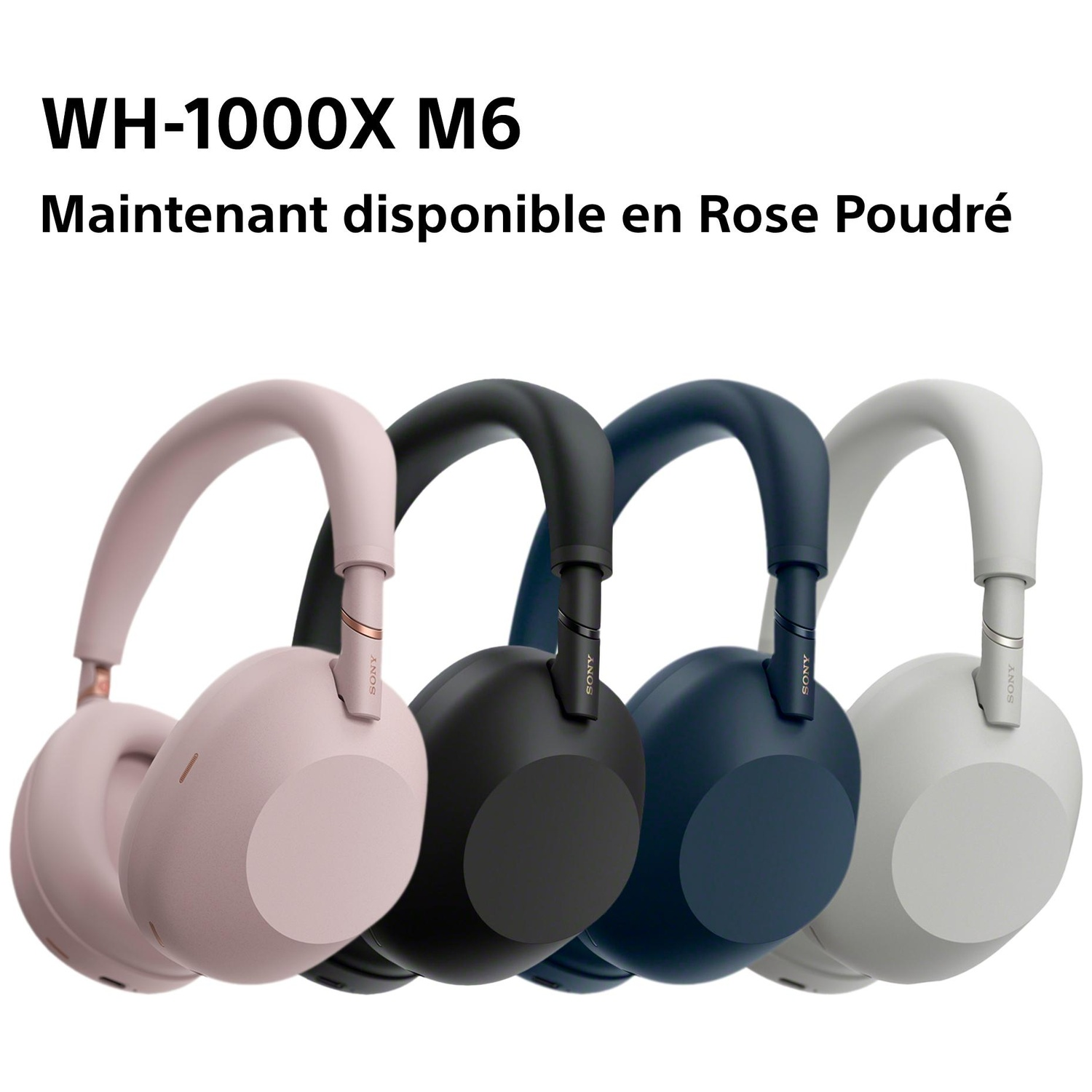 Vier Sony WH-1000XM6 koptelefoons in roze, zwart, donkerblauw en wit.
