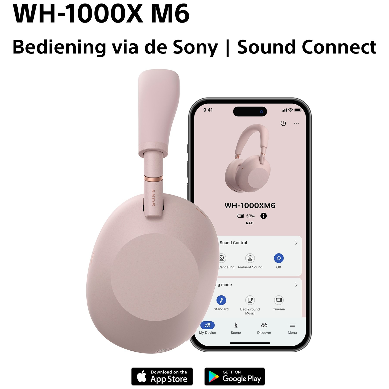 Pink Sony WH-1000XM6 headphones and the app on a smartphone.