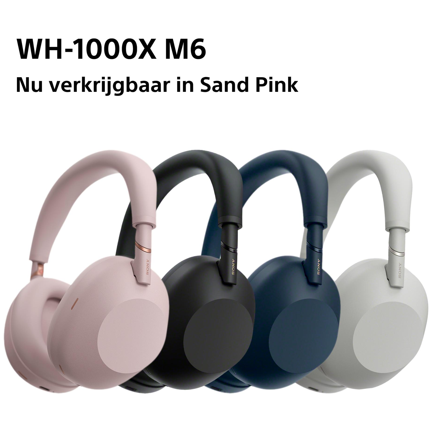 Four Sony WH-1000XM6 headphones in Sand Pink, Black, Dark Blue, and Gray.
