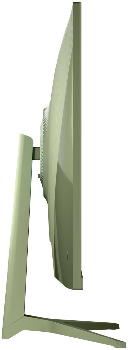 Un moniteur vert clair vu de côté, avec un design incurvé.