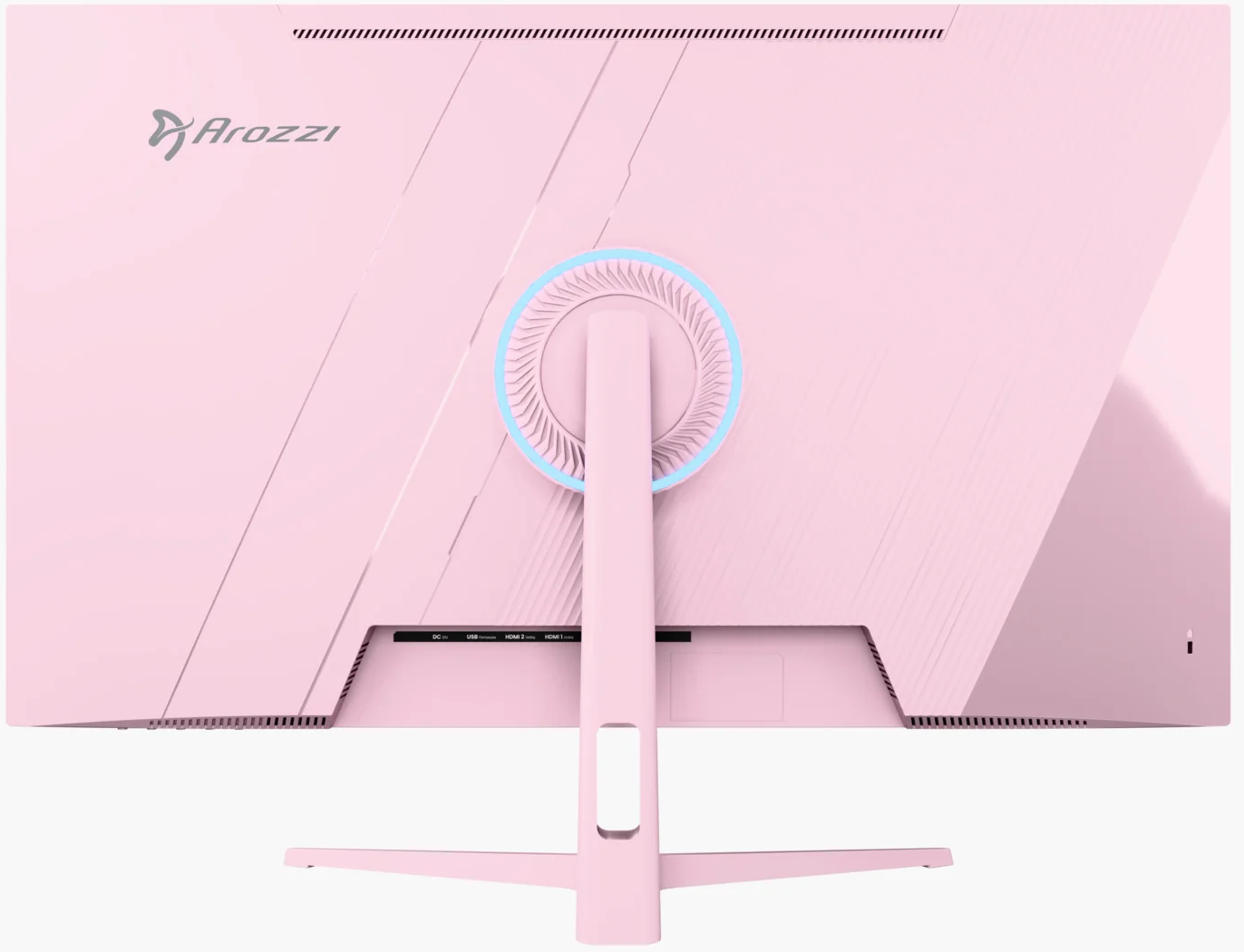 Un moniteur rose avec le logo Arozzi et un anneau de ventilateur lumineux.