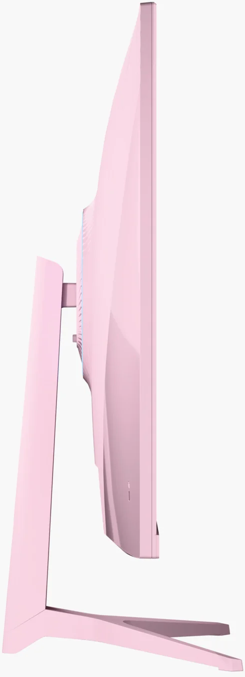 Un moniteur d'ordinateur rose vu de côté, avec un support élégant.