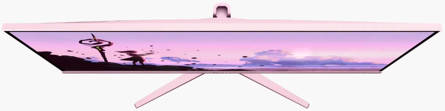 Un moniteur rose affiche un monde fantastique avec un ciel violet et des îles flottantes.