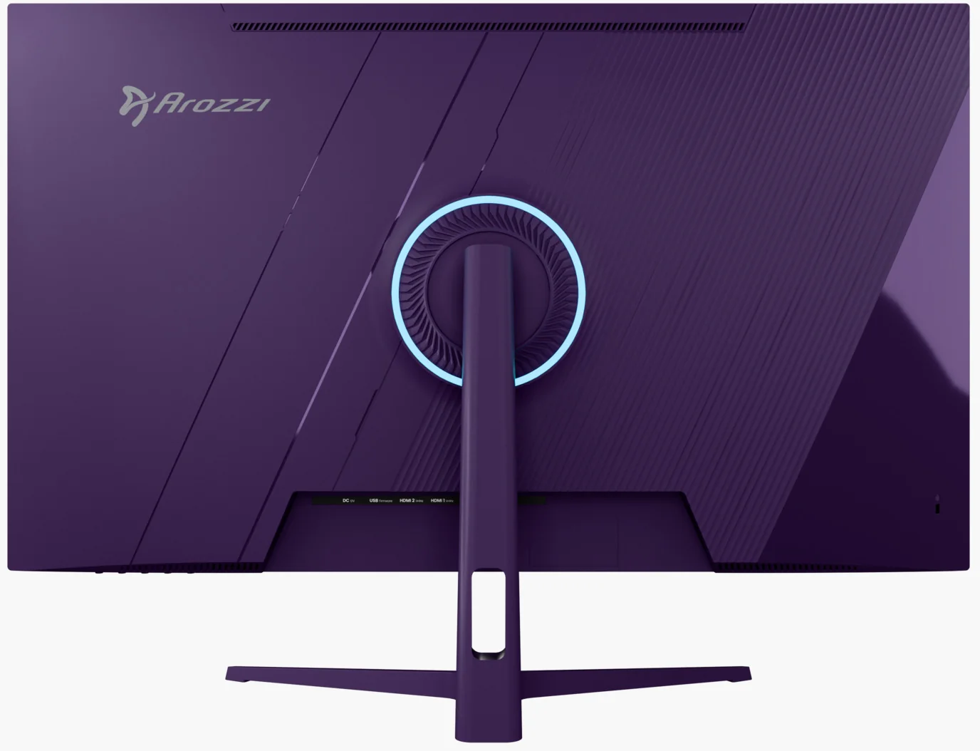 Arrière d'un moniteur violet avec logo Arozzi et anneau lumineux.