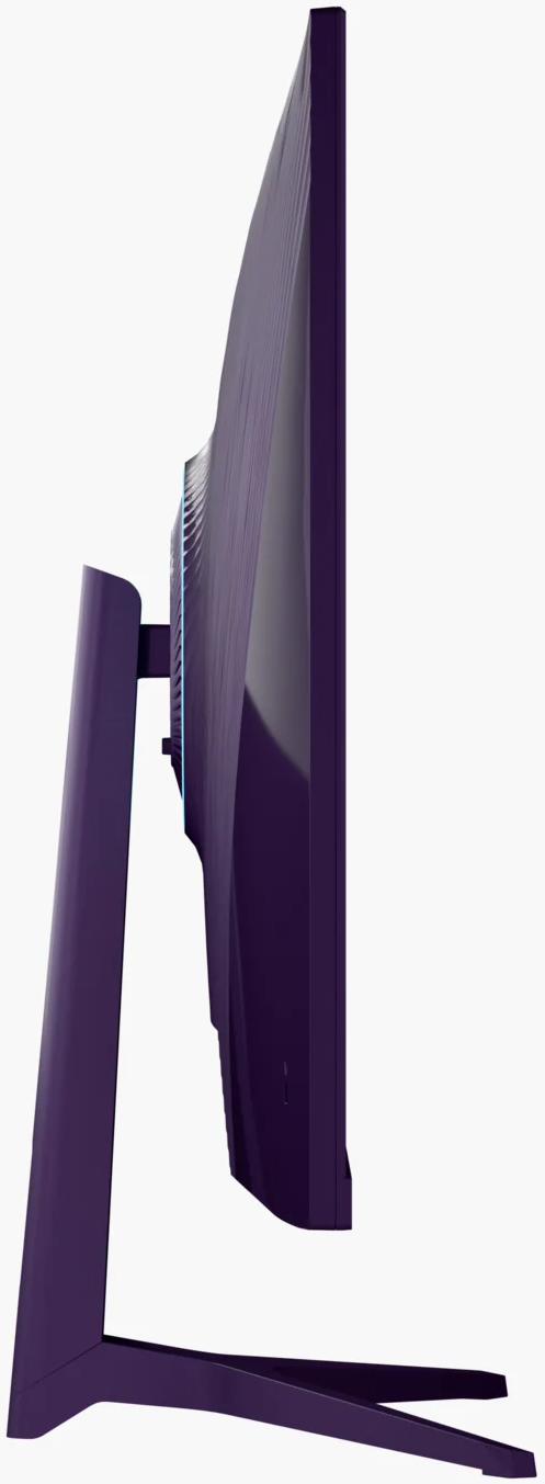 Moniteur violet vu de profil, avec un pied fin et un écran incurvé.