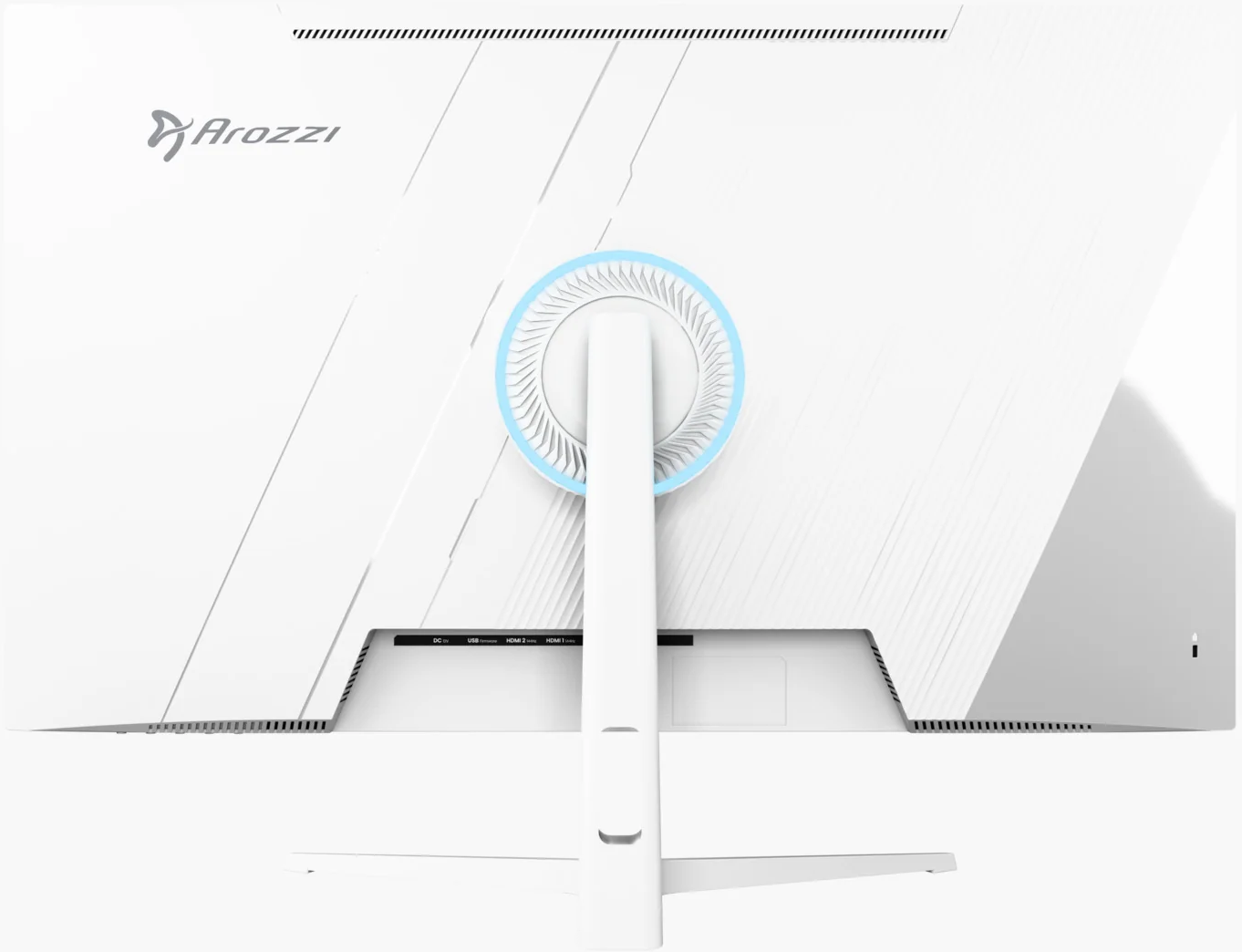 Dos de moniteur blanc avec logo Arozzi, ventilateur et ports.