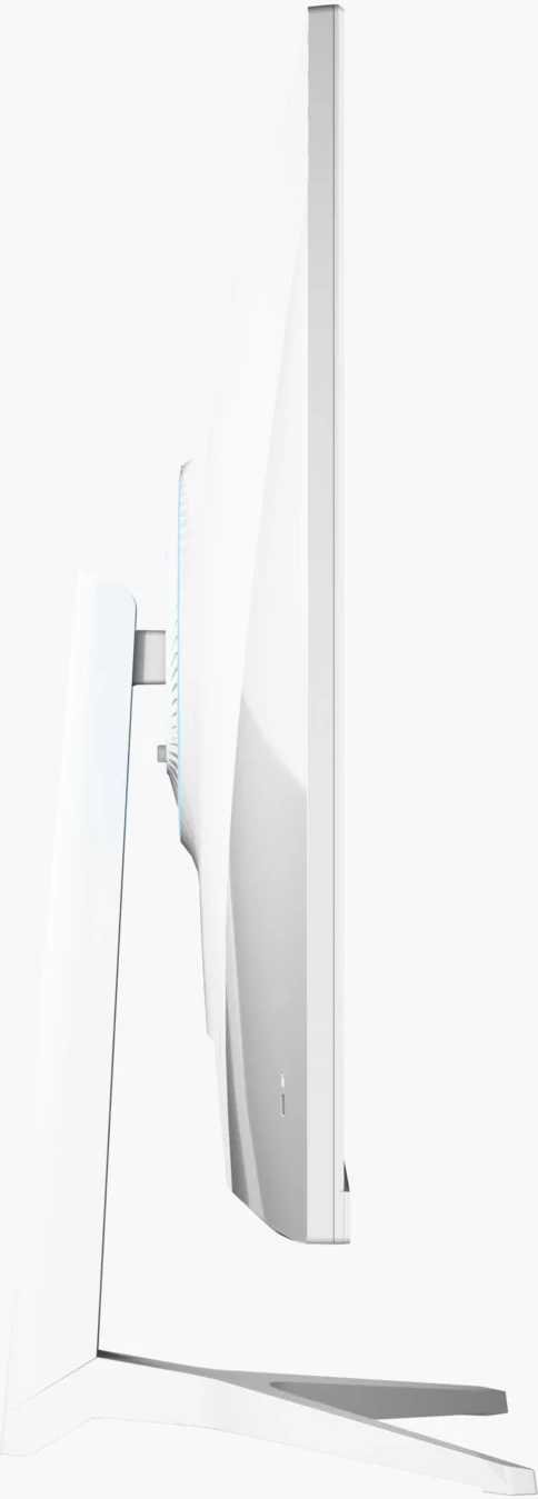 Vue latérale du moniteur d'ordinateur blanc avec accent bleu et support élégant.
