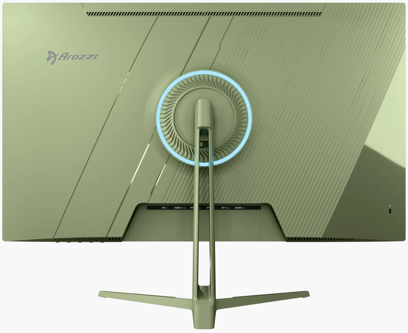 L'arrière d'un moniteur vert clair avec logo Arozzi et ventilateur éclairé en bleu.
