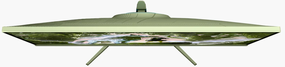 Moniteur vert clair au design futuriste affichant l'image d'une rivière.