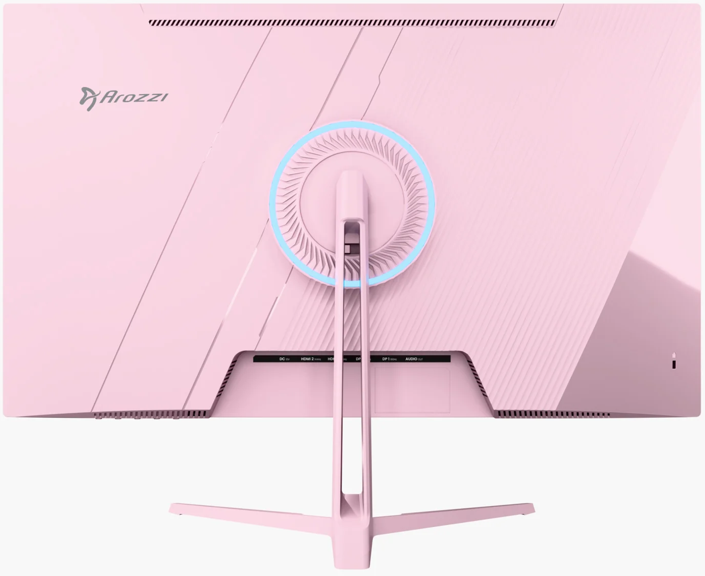 Arrière d'un moniteur rose avec logo Arozzi, ports et ventilateur éclairé.