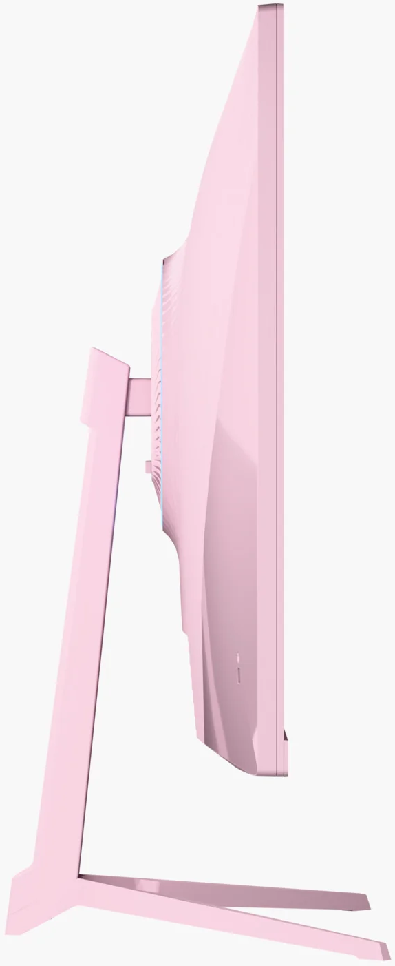 Un moniteur rose au design épuré, vu de côté.